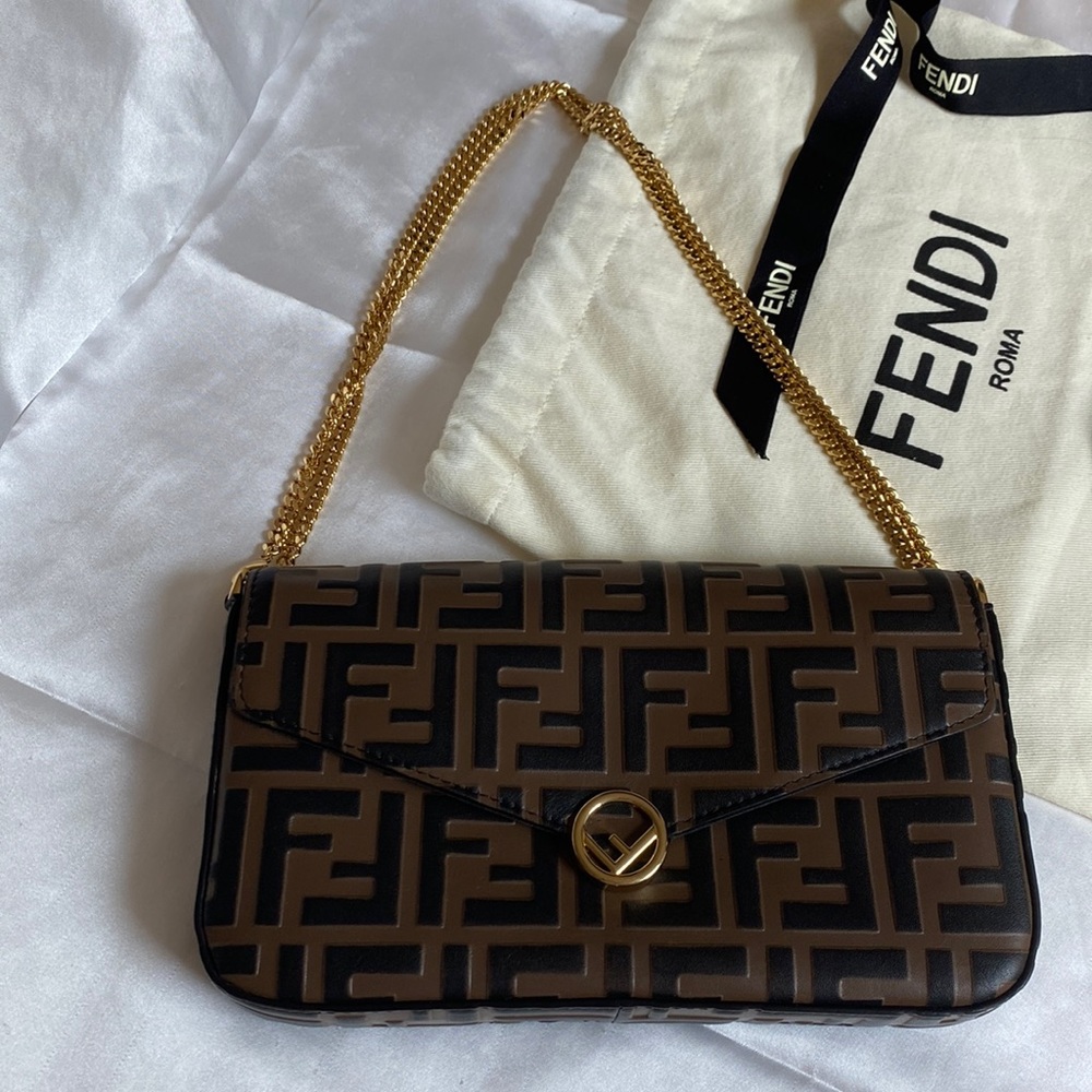 Fendi Brown & Black Logo purse with long gold chain that can be doubled